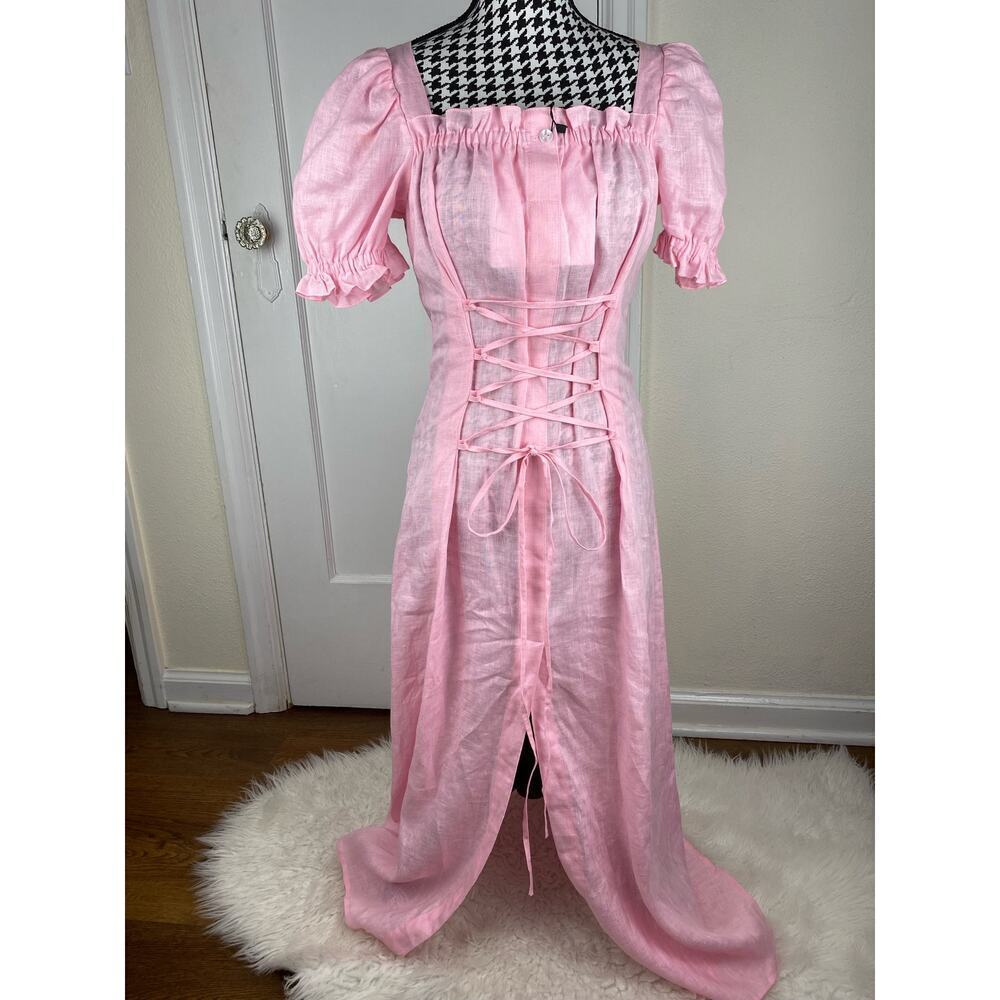 NWT Sleeper‎ Pink Marquise Corset Size S 100% Linen Puff Sleeve Lace Up Dress *